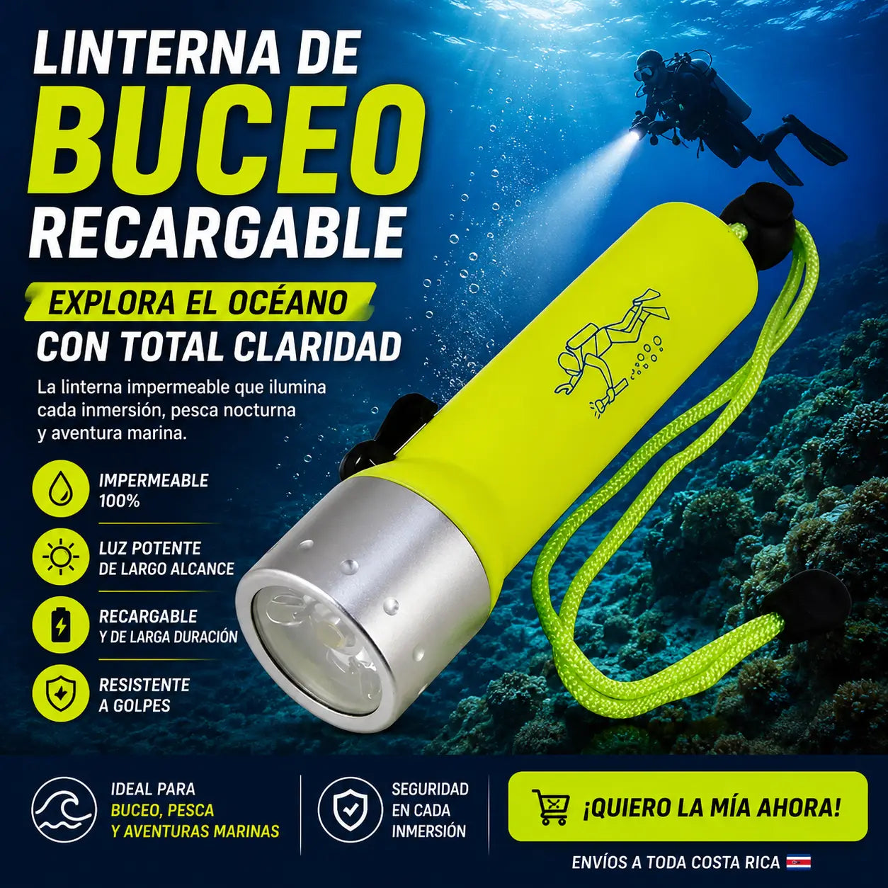La linterna impermeable que ilumina cada inmersión, pesca nocturna y aventura marina.