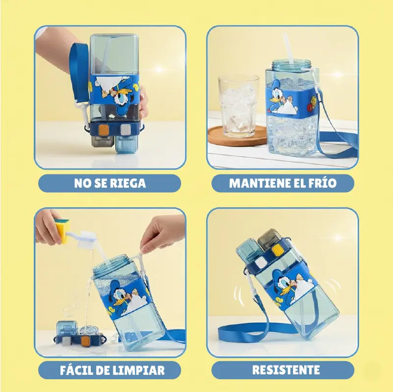 Disney & Kawaii Cartoon Square Bottle 500ml | Frozen | Pato Donald | Lotso Rosado | Termo Infantil con Correa – Doble Boquilla + Antiderrame 360°