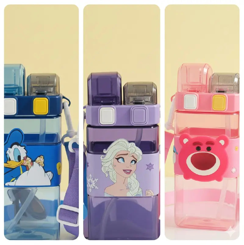 Disney & Kawaii Cartoon Square Bottle 500ml | Frozen | Pato Donald | Lotso Rosado | Termo Infantil con Correa – Doble Boquilla + Antiderrame 360°