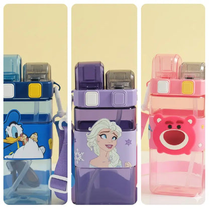 Disney & Kawaii Cartoon Square Bottle 500ml | Frozen | Pato Donald | Lotso Rosado | Termo Infantil con Correa – Doble Boquilla + Antiderrame 360°